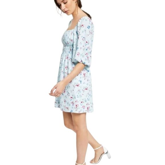 NEW Bar III Womens Smocked Short Fit &‎ Flare Dress Aqua Floral Multi Size S - Picture 3 of 13